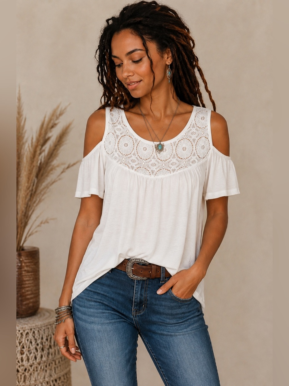 Shannon Ford New York White Lace Cold Shoulder Top Size Small Boho